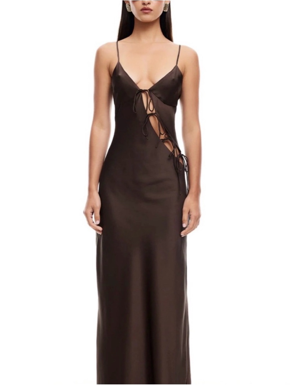 REVOLVE Satin Lace-Up Maxi Dress in Chocolate Brown lioness brand